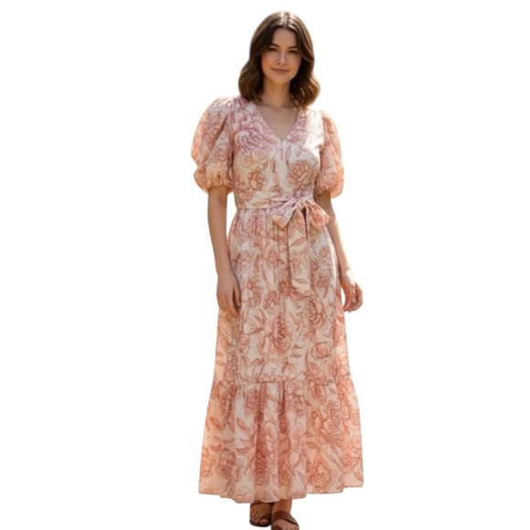 CeCe Linen Blend Puff Sleeve Floral Maxi Dress Peach Pink Garden Print S - Picture 1 of 12